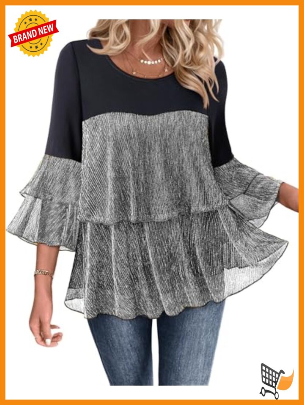 Dressy Sparkly Peplum Top 3/4 Sleeve Ruffle Flowy Blouse